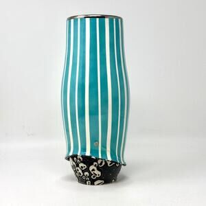 Adrian Sandstrom Art Pottery Tall Striped Vase Blue, White, Black with Silver